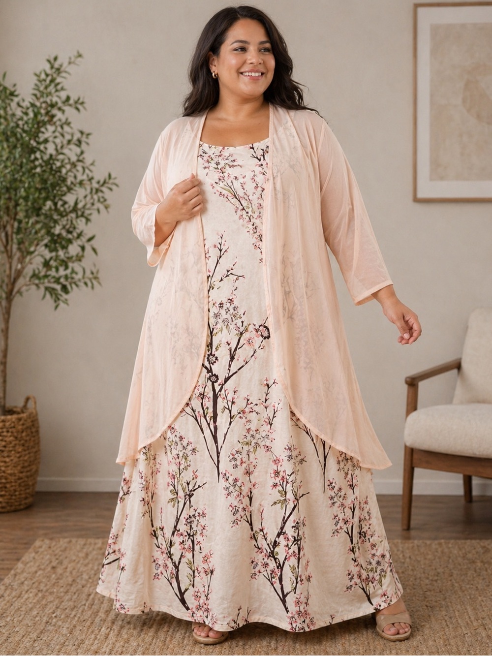 5X Blush Kimono Duster + Floral Maxi Dress Set Boho Layered Outfit